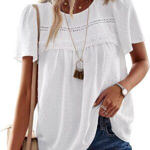 Trendy Women's Summer Crewneck Blouse with Crochet Lace Hem - Size L, White